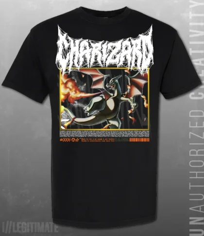 Charizard Gold Star Death Metal Black T-Shirt